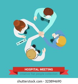 Hospital Medical Handshake Team Meeting. Top View Flat Web Infographic Medicine Healthcare Concept Vector. Doctor Patient Nurse Surgeon Assistant. Creative People Collection.