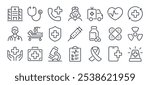 Hospital and medical health care editable stroke outline icons set isolated on white background flat vector illustration. Pixel perfect. 64 x 64
