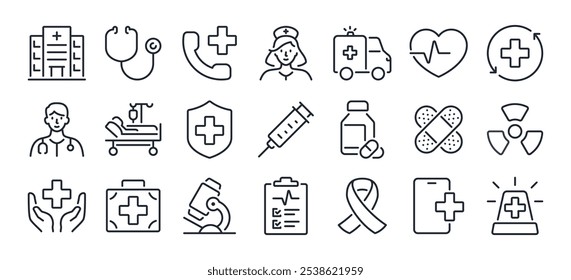 Iconos editables del contorno del golpe del hospital y de la atención médica fijados aislados en la Ilustración vectorial plana del fondo blanco. Píxel perfecto. 64 x 64