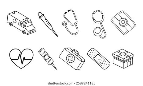 Hospital and medical health care editable stroke outline icons set isolated on white background flat vector illustration