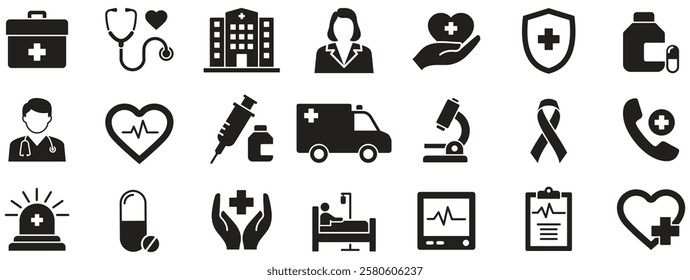 Hospital and medical health care icon set. Containing hospital, drug, heart beat, doctor, stethoscope, ambulance, medical bed and more, vector illustration