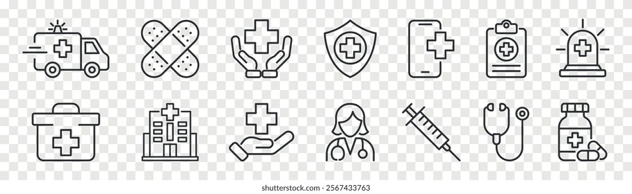 Hospital and medical health care. Outline vector icons set