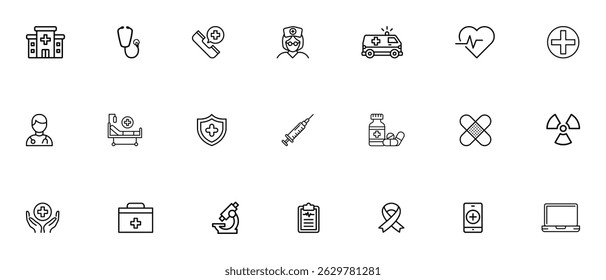 Hospital and medical health care outline icons set. Medical kit, hospital, emergency, stethoscope, report, healthcare, doctor, patient symbol. Health Care symbols. Medical icons for web and mobile app