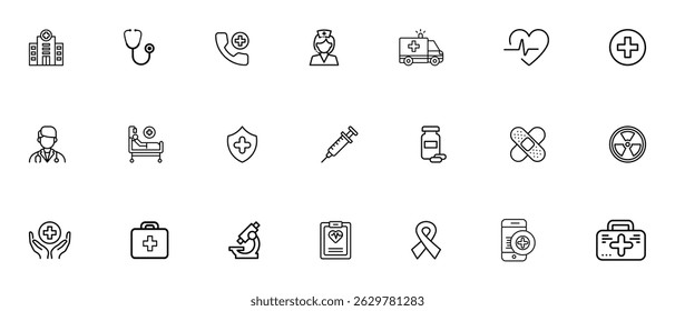 Hospital and medical health care outline icons set. Medical kit, hospital, emergency, stethoscope, report, healthcare, doctor, patient symbol. Health Care symbols. Medical icons for web and mobile app