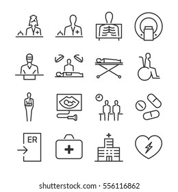Hospital and medical line icon set 1. Included the icons as doctor, nurse, surgeon, hospital, patient, drug and more.