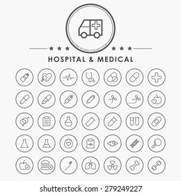 Hospital And Medical Line Icons With Circle Button