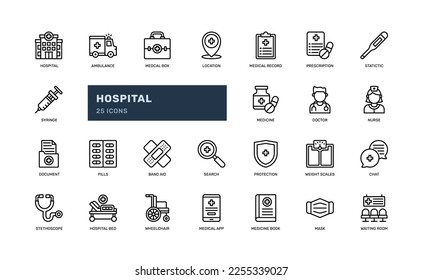 hospital medical medicine healthcare treatment doctor detailed outline line icon set