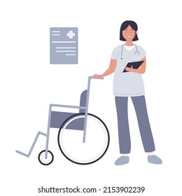Hospital medical smiling nurse with wheelchair. Clinical help and healthcare assistance cartoon vector illustration