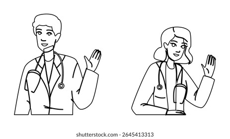 vetor de consulta médico-especialista do hospital. paciente da clínica, profissional do serviço, cuidados de diagnóstico hospital especialista médico consulta caráter. pessoas linha preta lápis desenho ilustração