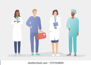 Hospital medical staff, doctor characters. Surgeon, head physician, paramedic with a suitcase, a nurse in uniform at the clinic. The concept of medical profession.