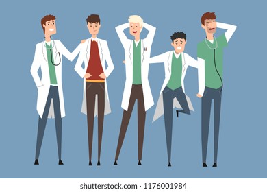 Hospital medical staff, doctors team. Flat men characters in medical white coats and uniform. Teamwork. Professionals stand in different poses. Vector illustration