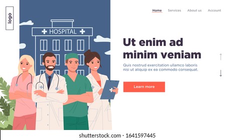 Hospital medical staff. Friendly doctor, white coat, stethoscope, scrubs flat vector illustration. Occupation, clinic, consultation concept for banner, website design or landing web page