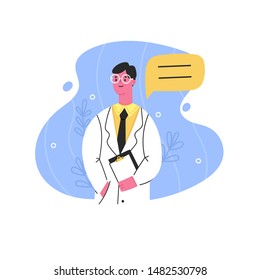 Hospital medical staff. Person with speech bubble. Male medicine worker. Doctor, surgeon, physician, paramedic, nurse. Hand drawn colored vector illustration. Cartoon style character. Flat design 