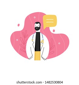 Hospital medical staff. Person with speech bubble. Male medicine worker. Doctor, surgeon, physician, paramedic, nurse. Hand drawn colored vector illustration. Cartoon style character. Flat design 