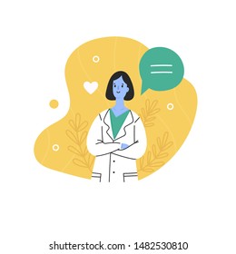 Hospital medical staff. Person with speech bubble. Female medicine worker. Doctor, surgeon, physician, paramedic, nurse. Hand drawn colored vector illustration. Cartoon style character. Flat design 