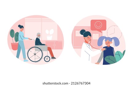 Hospital with Medical Staff Seeing Patient Engaged in Consultation and Diagnosis Vector Set