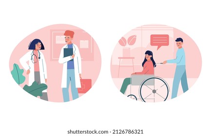 Hospital with Medical Staff Seeing Patient Engaged in Consultation and Diagnosis Vector Set