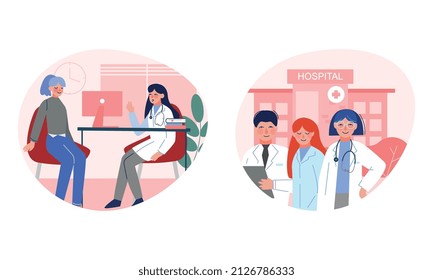 Hospital with Medical Staff Seeing Patient Engaged in Consultation and Diagnosis Vector Set