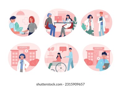 Hospital with Medical Staff Seeing Patient Engaged in Consultation and Diagnosis Vector Set