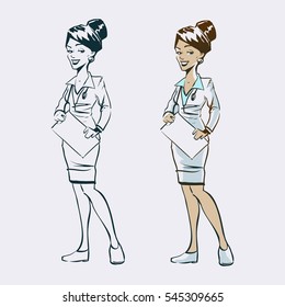 Hospital medical staff, smart doctor, cartoon sketch style, people character, woman, female, nurse, vector illustration