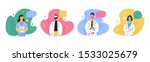 Hospital medical staff with speech bubbles. Male, female medicine workers. Doctor, surgeon, physician, paramedic, nurse. Hand drawn colored vector illustration. Cartoon style characters. Flat design 