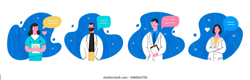 Hospital medical staff with speech bubbles. Male, female medicine workers. Doctor, surgeon, physician, paramedic, nurse. Hand drawn colored vector illustration. Cartoon style characters. Flat design 