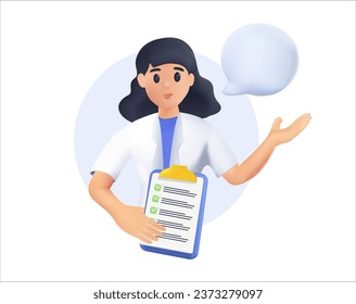 Hospital medical staff with speech bubbles. Female medicine workers. Doctor, surgeon, physician, paramedic, nurse. 3D colored vector illustration. Cartoon style characters. 3D cartoon design