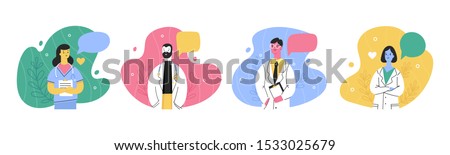 Hospital medical staff with speech bubbles. Male, female medicine workers. Doctor, surgeon, physician, paramedic, nurse. Hand drawn colored vector illustration. Cartoon style characters. Flat design 