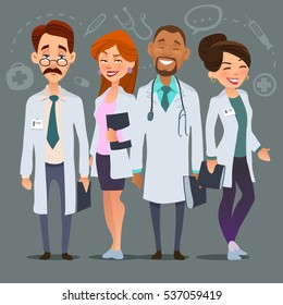 Hospital medical staff team doctors, nurses, surgeon vector flat illustration, cartoon characters, group