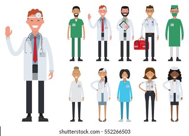 Hospital medical staff team doctors nurses surgeon. Vector flat illustration.