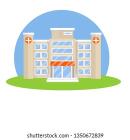 Hospital with medical symbol on facade. Clinic for treatment of patients. Providing medical care. Doctor place of work. Treatment and therapy for diseases and injuries. Sale of drug and medicines