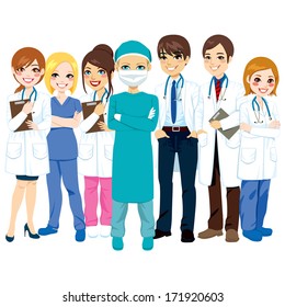 Hospital medical team group made of doctors, nurses and surgeon standing smiling with arms crossed