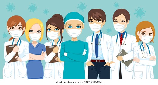 Hospital medical team wearing masks with airborne virus on background