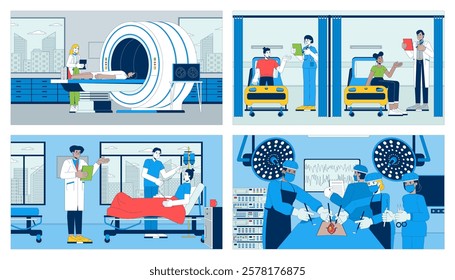 Hospital medical treatment cartoon flat illustrations set. Multicultural doctors 2D characters colorful backgrounds. MRI scanner, emergency room, surgery scenes vector storytelling images collection