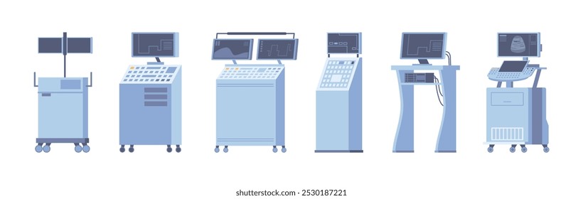 Equipo de la instalación de diagnóstico de ultrasonido médico del hospital. Conjunto de escáneres de resonancia magnética de Vector, chequeo médico. Medicina del futuro, inteligencia artificial. Dispositivos informáticos clínicos, atención sanitaria y seguimiento