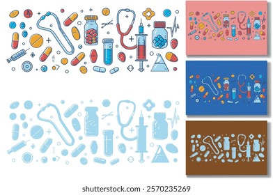 Hospital and medication elements in style hand drawn doodles illustration