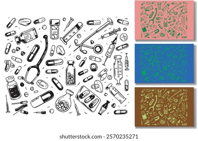 Hospital and medication elements in style hand drawn doodles illustration