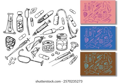 Hospital and medication elements in style hand drawn doodles illustration