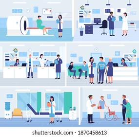 Hospital medicine departments interior vector illustration set. Cartoon patients and disabled people waiting doctor appointment in reception lobby, mri scanning, medical laboratory tests background