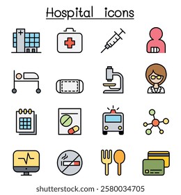 Hospital and Medicine icon set in color line style