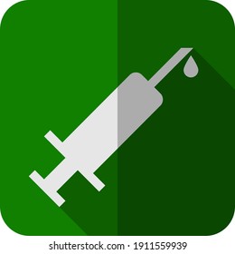 Hospital medicine syringe flat icon with long shadow, 4000x4000 pixel of artboard, green background wih half shadown