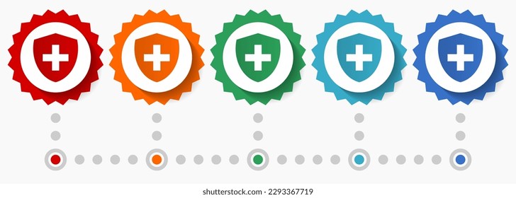 Hospital, conjunto de iconos de vectores de medicina, plantilla de infografía colorida, conjunto de iconos de placa de diseño plana en 5 opciones de color