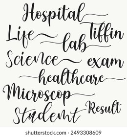 Hospital and Microscope calligraphy. modern calligraphy script. Typography Design Inspiration. Stylized calligraphic inscription 