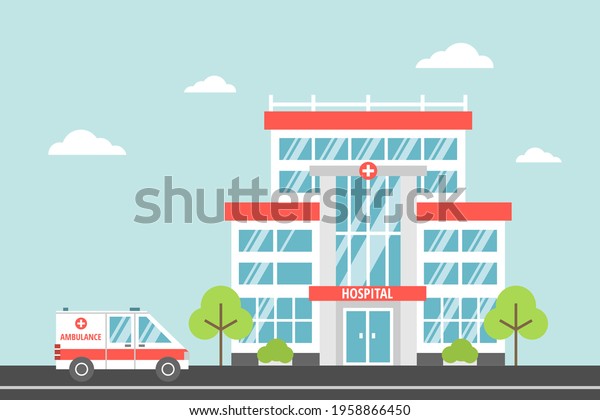 Hospital, a modern city medical facility.\
Ambulance. Health and Emergency concept. Vector illustration in\
flat cartoon style