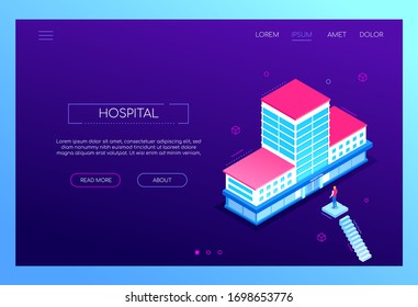 Hospital - modern colorful isometric vector web banner on purple background with copy space for text. An illustration with a patient at the entrance of the medical clinic building. Healthcare concept