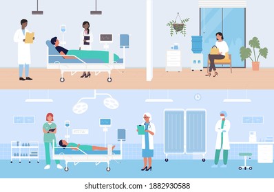 Hospital modern medical ward with patients vector illustration set. Cartoon man woman character lying with dropper intensive therapy, doctor nurse visiting patients for medicine treatment background