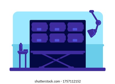 Hospital Morgue flache Vektorgrafik. Radbett und Kühlschrank. Mortuary Room 2D Cartoon Interieur mit Radbett und Ausrüstung für Körper embalming auf Hintergrund