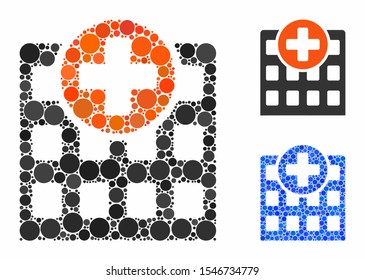 Hospital mosaic of circle elements in different sizes and color tinges, based on hospital icon. Vector circle elements are grouped into blue mosaic. Dotted hospital icon in usual and blue versions.