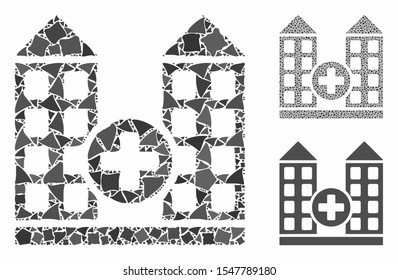 Hospital mosaic of uneven items in variable sizes and shades, based on hospital icon. Vector ragged elements are composed into mosaic. Hospital icons collage with dotted pattern.