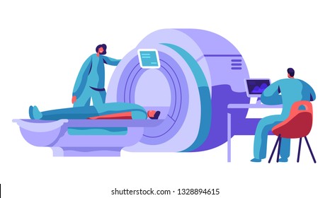 Hospital Mri Machine for Patient Brain Scan. Doctor Research Man Character Health with Computer Tomography Resonance Scanner. Healthcare Diagnostic Concept Flat Cartoon Vector Illustration
